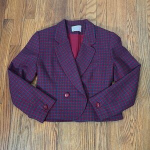 Vintage Pendleton Houndstooth Wool Crop Blazer‎ Jacket Blue  Red Sz 8 Petite